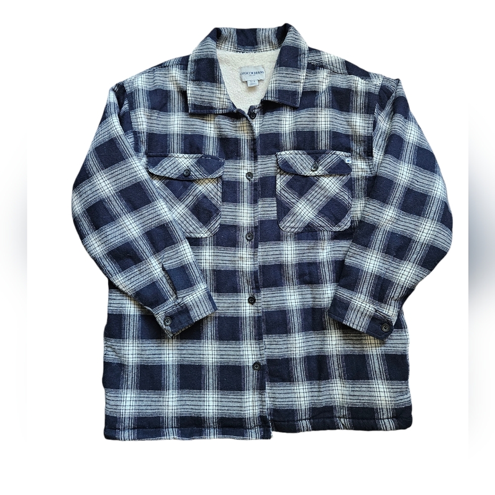 Lucky Brand Sherpa lined jacket /shacket navy/ white plaid checkered sz small